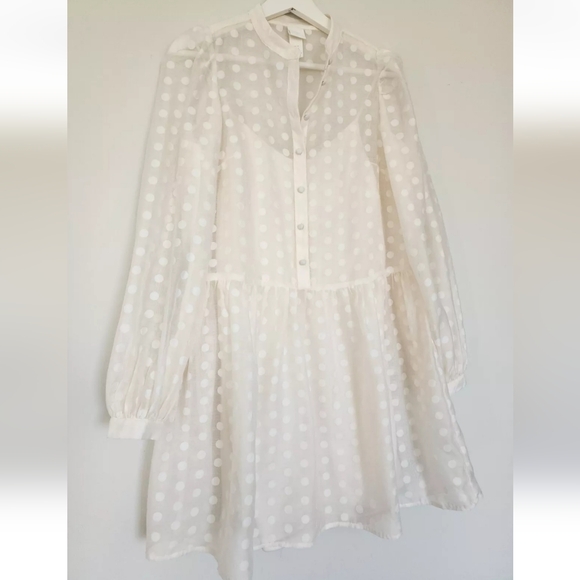 H&M HM POLKA DOT SHEER LIGHT BEIGE LONG SLEEVES SHORT BABYDOLL DRESS XS - Picture 4 of 11